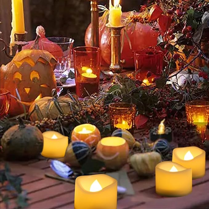 12 Pack Battery Operated Flameless LED Votive Tealight Candles Realistic Flickering Electric Tea Lights Set Bulk Halloween Pumpkin Jack O Lantern Party Wedding Decorations Centerpieces Batteries Incl.-BloomoryGarden