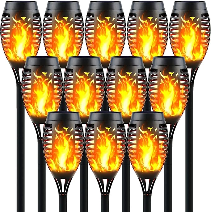 12-Pack Solar Torch Lights with Flickering Flame - 12LED Mini Fire Effect Solar-Powered Tiki Torches, Waterproof Outdoor Lighting with Auto On/Off, Perfect for Garden, Patio & Pathway Decor-BloomoryGarden