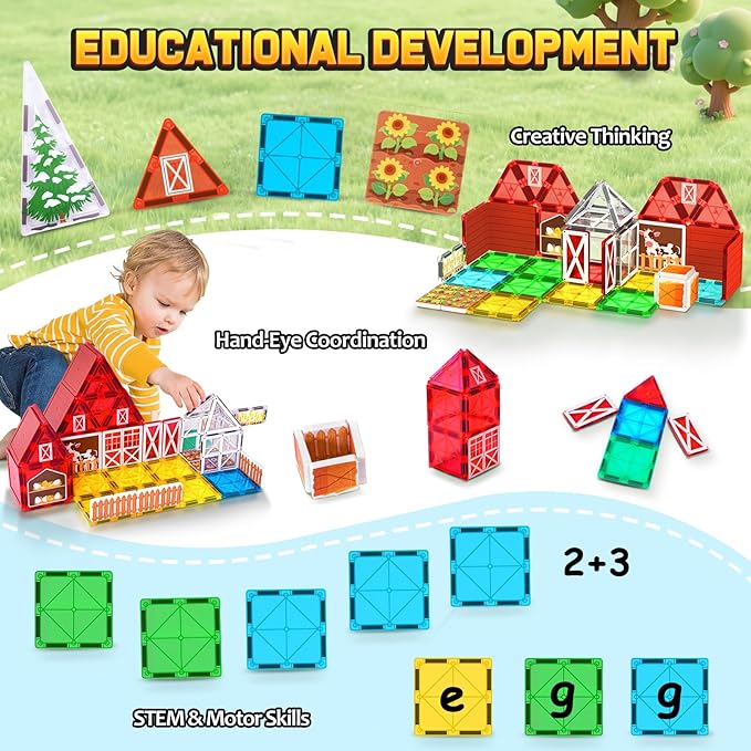 Magnetic Tiles Farm Animal Toys 66P - Build 4-Seasons Farm Scene, Farm Magnetic Blocks for Kids Ages 3-5 4-8 Boys Girls, STEM Magnet Toys for Classroom Indoor Outdoor, Kids Gift for Birthday Christmas-BloomoryGarden