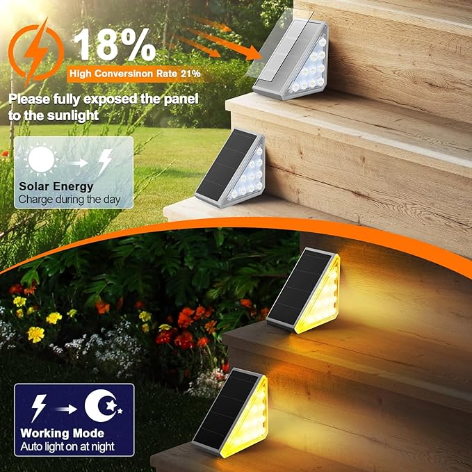 12 Pack Solar Stair Lights Outdoor Stair Lights with Waterproof IP67 LED Solar Light for Outside Light Decor for Stair, Deck, Front Step, Front Porch, Patio, Garden and Backyard-BloomoryGarden
