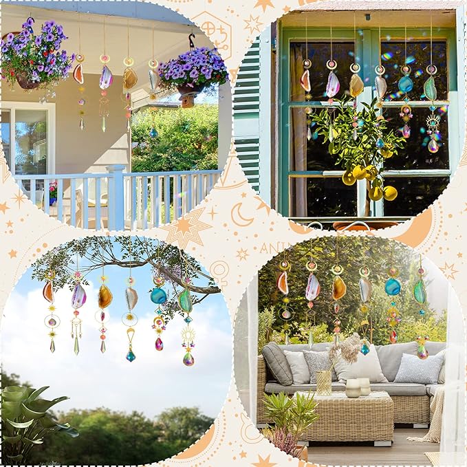 Maitys 6 Pcs 6 Pcs Crystal Suncatcher Sun Catchers Indoor Window Hanging Sun Catchers with Light Catcher with Prisms and Agate Slices for Indoor Outdoor Home Garden Wedding Decor (Colorful Crystal)-BloomoryGarden