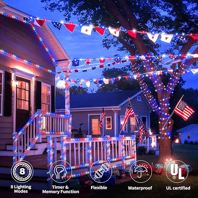 150ft LED Rope Lights Outdoor, 1080 LED Flexible Tube Lights with 8 Modes, Waterproof LED Rope Lighting for Independence Flag Day, Memorial Day, National Day, Outdoor,Indoor Decor (Red & White & Blue)-BloomoryGarden