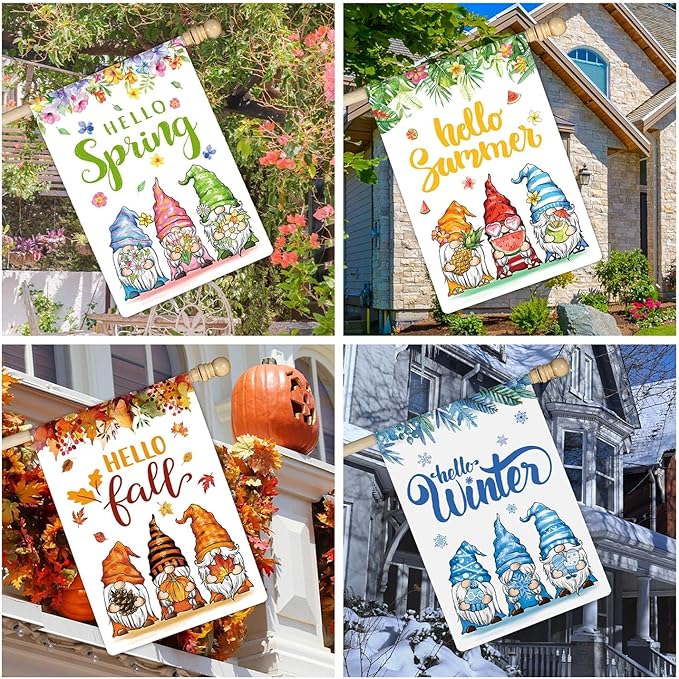 12 Pcs Three Gnomes Seasonal Large Garden Flags Double Sided Seasonal Truck Garden Flags for All Seasons Set of 12 Spring Easter Valentine Halloween Christmas Holiday Yard Decoration, Welcome Outdoor-BloomoryGarden