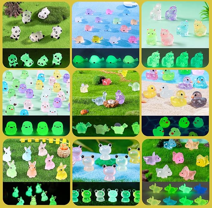 Luminous Tiny Resin Animals 300 Pcs Mini Animals Bulk Mini Resin Ducks Owls Tiny Frogs Pandas Small Rabbits Glow in The Dark for Miniature Garden Accessories Micro Landscape Aquarium Potted Decoration-BloomoryGarden