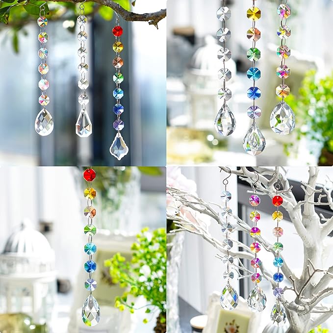 12Pcs Clear Crystal Suncatchers Prisms DIY Kit,Glass Suncatchers Hanging Crystals Ornament,Sun Catcher with Glass Beads,Prisms Rainbow Pendant for Window Home Office Garden Decoration-BloomoryGarden