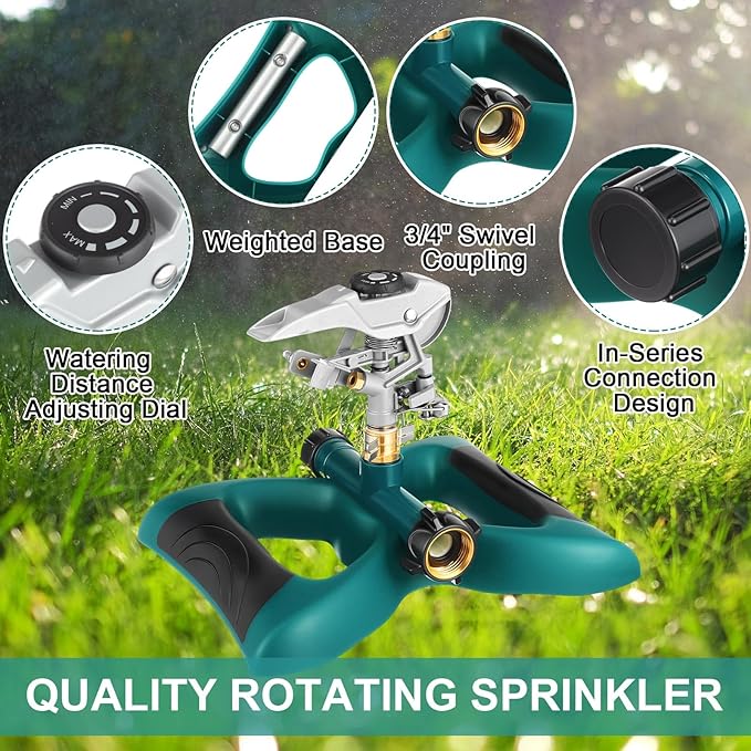 1 Packs Lawn Impact Sprinkler Heavy Duty Rotating Adjustable Pulsating Water Sprinkler Head with Metal Base, Adjustable Spraying Area and Distance for Large Area Garden Lawn Yard Irrigation-BloomoryGarden