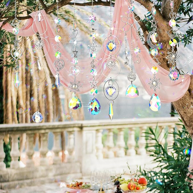 Maitys 9 Pcs 6 Pcs Crystal Suncatcher Sun Catchers Indoor Window Hanging Sun Catchers with Light Catcher with Prisms and Agate Slices for Indoor Outdoor Home Garden Wedding Decor (Elegant)-BloomoryGarden