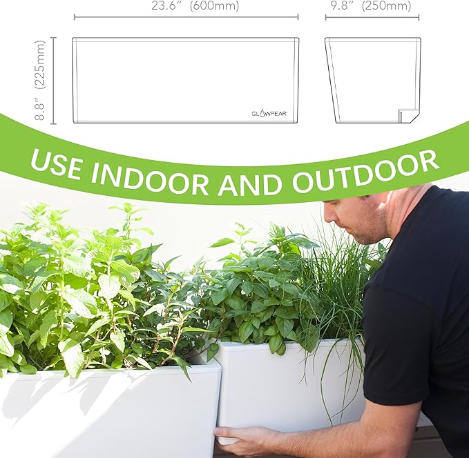Glowpear Self Watering Railing Planter Box - 23.6", White - UV Stable, Scalable Plant Pot with Water Gauge, Indoor Outdoor for Vegetables, Flowers, Herbs, and Succulents-BloomoryGarden