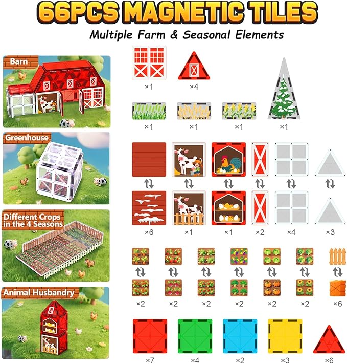 Magnetic Tiles Farm Animal Toys 66P - Build 4-Seasons Farm Scene, Farm Magnetic Blocks for Kids Ages 3-5 4-8 Boys Girls, STEM Magnet Toys for Classroom Indoor Outdoor, Kids Gift for Birthday Christmas-BloomoryGarden
