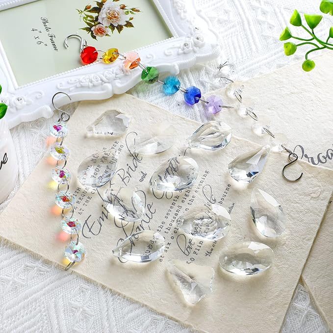 12Pcs Clear Crystal Suncatchers Prisms DIY Kit,Glass Suncatchers Hanging Crystals Ornament,Sun Catcher with Glass Beads,Prisms Rainbow Pendant for Window Home Office Garden Decoration-BloomoryGarden