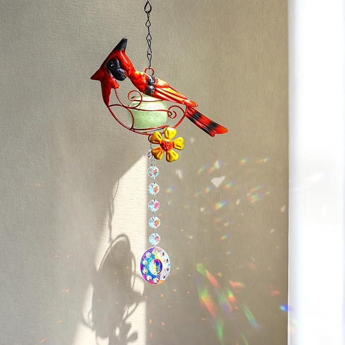 13inch Stained Metal Cardinal Birds Sun Catcher Decorative Window Hanging Ornament Crystals Prism Suncathers Red Bird for Home Garden Decor-BloomoryGarden