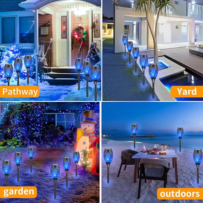 12-Pack Blue Solar Flickering Flame Torches – Waterproof Solar Garden Lights, Outdoor Solar Lights for Yards, and Flame Torches for Patio and Pathway Decorations-BloomoryGarden