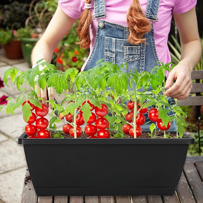 12Pcs 17Inches Rectangle Planter Box with Drainage Holes and Trays Plastic Planters Flower Boxes Pots for Indoor Outdoor Plants Patio Garden Home Decor Porch Yard (Gray)-BloomoryGarden