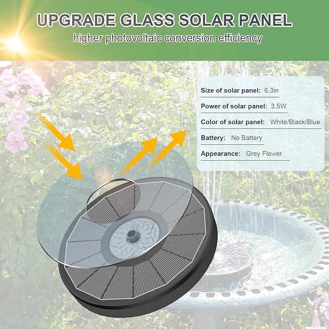 Solar Fountain Upgraded High Efficiency Glass Solar Panel, Solar Bird Bath Fountains with Flower No Battery,Solar Water Pump Fountain for Bird Bath Garden Small Ponds Outdoor Décor(Black)-BloomoryGarden