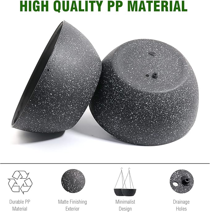 13 inch Large Hanging Planters Plant Pots for Outdoor Indoor Plants with Drainage Holes and Chain, 2 Pack Round Hanging Flower Pots for Garden Home Porch Decor, Speckled Black-BloomoryGarden