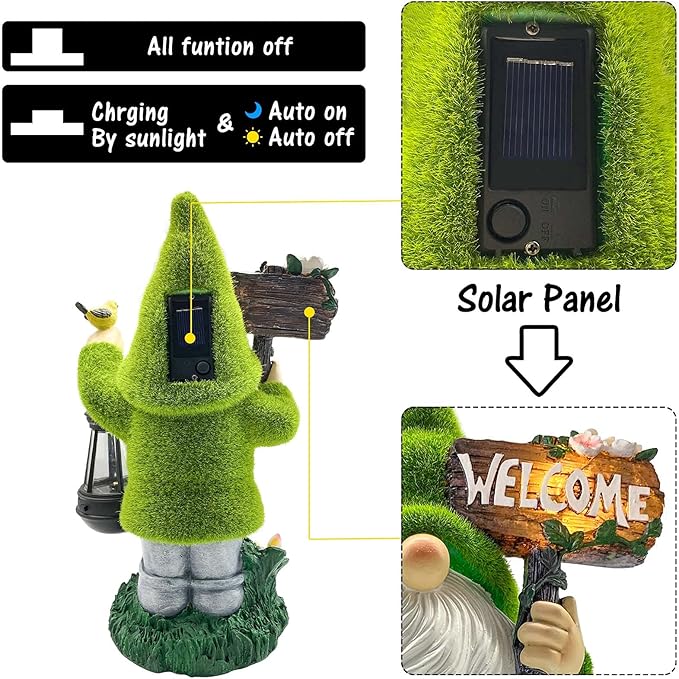 Lovinland Garden Gnome Statue Outdoor Decor Large Flocked Resin Gnome Figurine with Solar Light Holding Lantern Welcome Sign Garden Yard Decorations Dwarf Sculpture for Outside Patio Porch Lawn Decor-BloomoryGarden