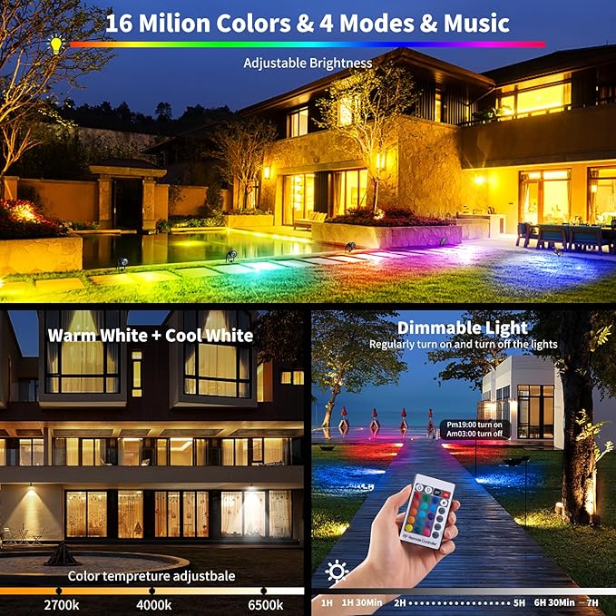 1500LM LED High Brightness Outdoor Landscape Lighting 15W RGBCW Color Changing Landscape Lights Remote Control Spot-Lights with Plug in IP66 Waterproof Flood Light for Garden - 4 Pack-BloomoryGarden
