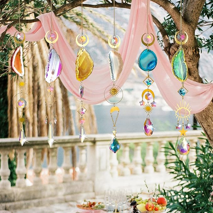 Maitys 6 Pcs 6 Pcs Crystal Suncatcher Sun Catchers Indoor Window Hanging Sun Catchers with Light Catcher with Prisms and Agate Slices for Indoor Outdoor Home Garden Wedding Decor (Colorful Crystal)-BloomoryGarden