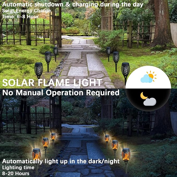 12Pack Solar Torch Lights with Flickering Flame Upgraded, Security&Waterproof Solar Lights Outdoor Landscape Decoration, Mini Solar Tiki Torches for Yard,Garden,Patio, Pathway Decor-Auto On/Off-BloomoryGarden