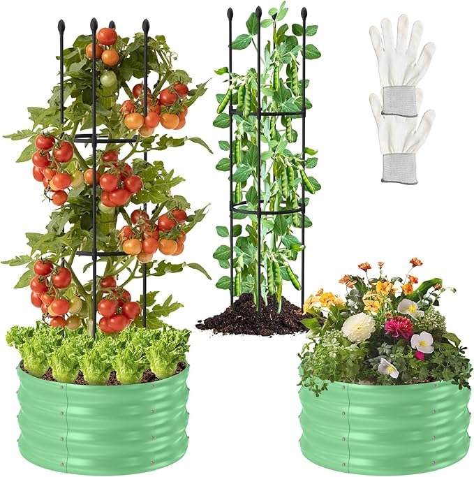 1 Pack Raised Garden Beds Outdoor, Galvanized Metal Raised Garden Bed with Trellis, 23.6x23.6x60in Tomato Cages for Garden Planters Box with Trellis for Climbing Plants Vegetable Vine Flowers-BloomoryGarden