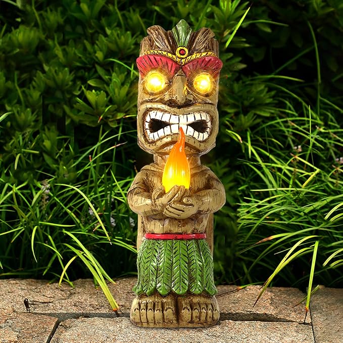 13" Tall Solar Torch Tiki Garden Statue, Resin Large Tiki Decor Figurine with Solar Lights, Hawaiian Tiki Man, Outdoor Patio Yard Lawn Bar Party Beach Pool Pond Decoration, Valentine's Day Gift-BloomoryGarden