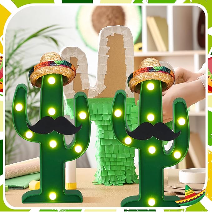 12 Pcs Cinco de Mayo LED Cactus Light with Mini Sombrero Straw Hats and Fake Beard Cinco De Mayo Table Decor Mexican Party Supplies for Table Room Bedroom Party Decoration (4.72 x 2.76 Inch)-BloomoryGarden