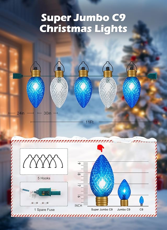 11Feet 5 LED Super Jumbo Christmas String Lights or Pathway Marker Lights, Outdoor Xmas Decorations- Jumbo C9 Hanging Lights Waterproof Lawn Dec for Holiday Home Tree Roof Yard Garden, Blue & White-BloomoryGarden
