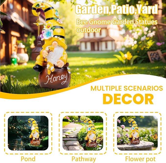 13" Garden Solar Spring Gnomes Statues Outdoor Spring Decor with LED Lighted Bee and Flowers Funny Garden Sculpture for Patio Yard Lawn Decorations Gifts-BloomoryGarden