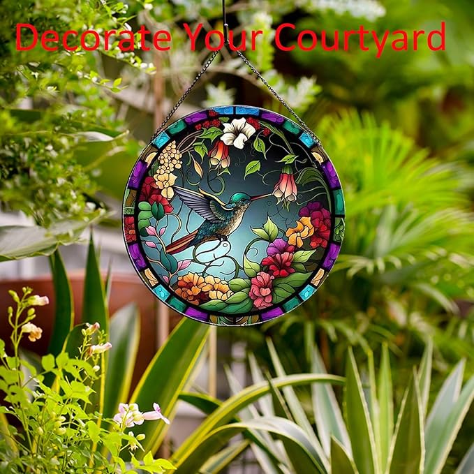 Hummingbirds and Flowers Pattern Suncatcher Stained Glass,Hanging Stained Glass for Windows,20cm/7.87inch Hand-Painted Sun Catcher Garden Hangings Painted Glass Panel Decor Themed Gift