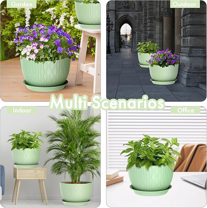 12 Inch Large Plant Pots for Indoor or Outdoor Plants, Wide Water Ripples Flower Pots with Drainage Holes & Saucer, Plastic Planters Set for Garden & Home Decor (Green)-BloomoryGarden