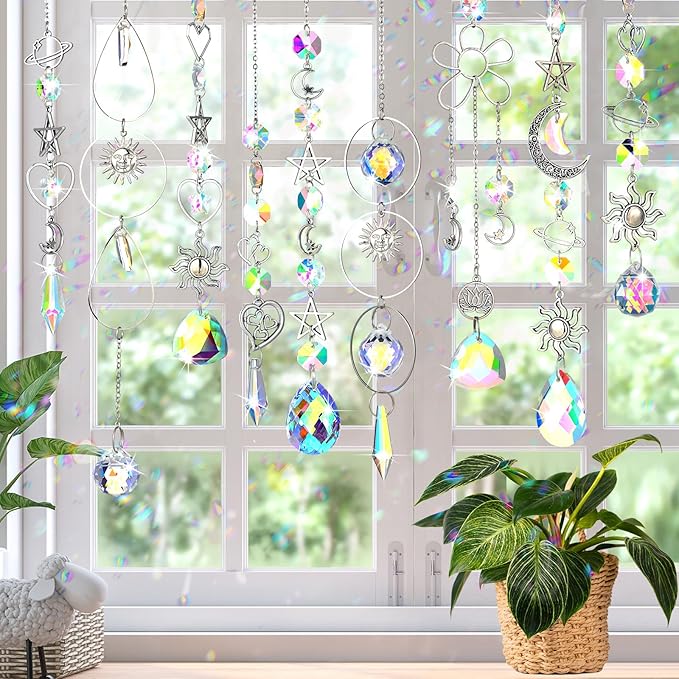 Maitys 9 Pcs 6 Pcs Crystal Suncatcher Sun Catchers Indoor Window Hanging Sun Catchers with Light Catcher with Prisms and Agate Slices for Indoor Outdoor Home Garden Wedding Decor (Elegant)-BloomoryGarden