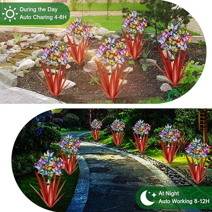 Homight Solar Metal Agave Butterfly Flower Stick Garden Sculpture - Outdoor Christmas Lights, Swaying Solar Lights Gift (2 PCS RED)