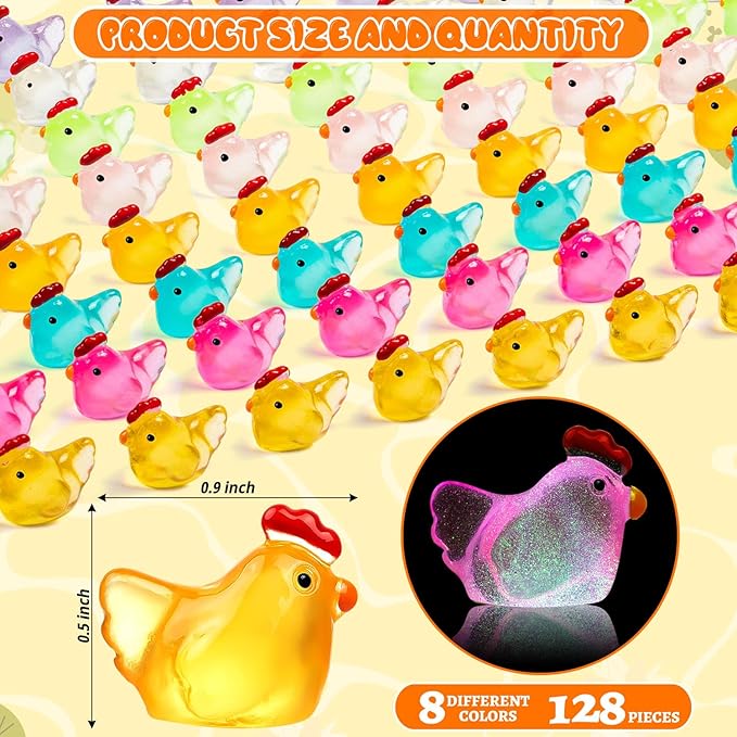 128PCS Luminous Mini Resin Chickens Miniature Animals, Tiny Chickens Miniature Figurines Glow in The Dark for Micro Garden, Potted Plant, DIY, Home Outdoor Party Decor (8 Colors)-BloomoryGarden