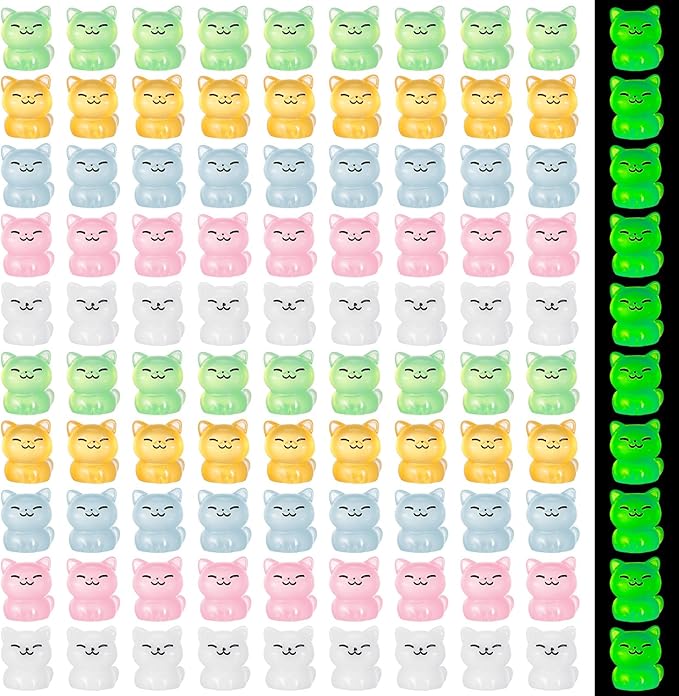 100 Pcs Luminous Mini Cat Figurines Resin Tiny Cat Animal Figurines Glow in The Dark Miniature Cat Statues Ornaments for DIY Cake Decoration Ornaments Crafts Moss Landscape Decoration-BloomoryGarden