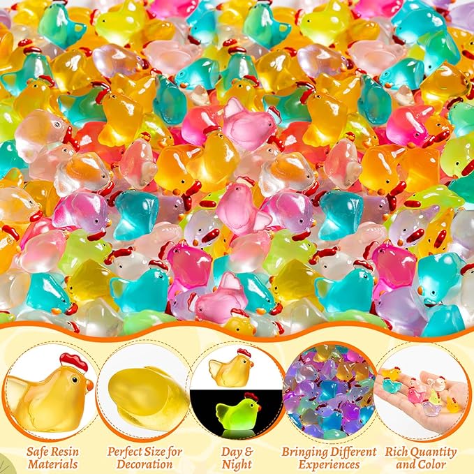 128PCS Luminous Mini Resin Chickens Miniature Animals, Tiny Chickens Miniature Figurines Glow in The Dark for Micro Garden, Potted Plant, DIY, Home Outdoor Party Decor (8 Colors)-BloomoryGarden
