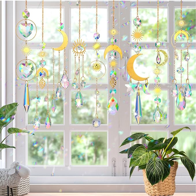 Maitys 10 Pcs 6 Pcs Crystal Suncatcher Sun Catchers Indoor Window Hanging Sun Catchers with Light Catcher with Prisms and Agate Slices for Indoor Outdoor Home Garden Wedding Decor (Stylish)-BloomoryGarden