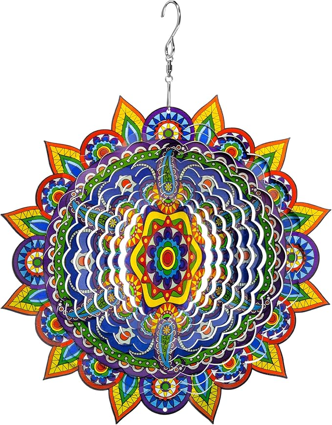 Mandala Wind Spinners, 3D Metal Wind Spinners Outdoor for Yard and Garden,12inch Stainless Steel Hanging Wind Spinners, Kinetic Yard Art Garden Decor Ornament Gifts-BloomoryGarden
