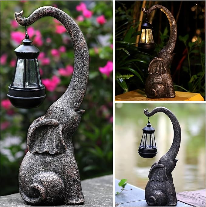 15" Outdoor Sculpture Figurine Statue Elephant Decorations Solar Garden Statues for Patio Home Yard Decor Good Luck Garden Elephant Birthday Gifts for Woman, Mom Family-BloomoryGarden