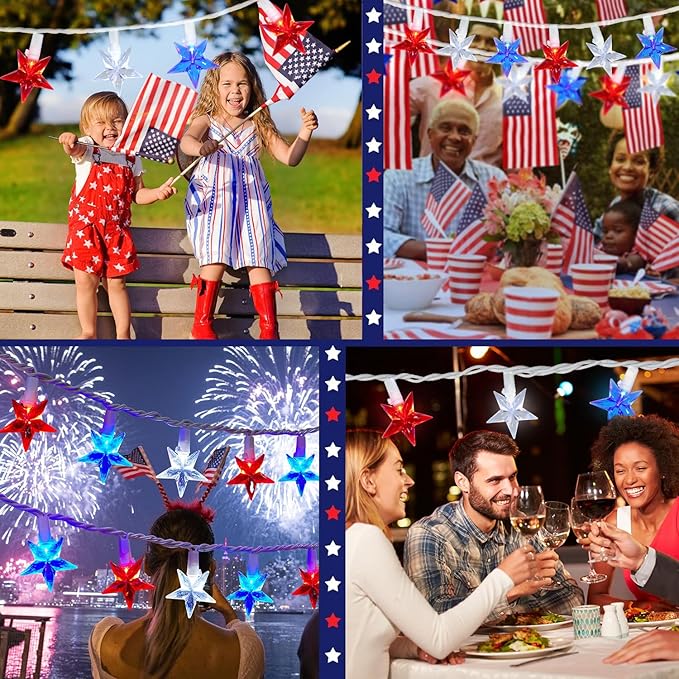 100 LED Red White and Blue Star Lights, 37FT 4th of July Star String Lights Plug in for Home Patio Garden Yard Memorial Day Independence Day Patriotic Decorations Outdoor, White Wire-BloomoryGarden