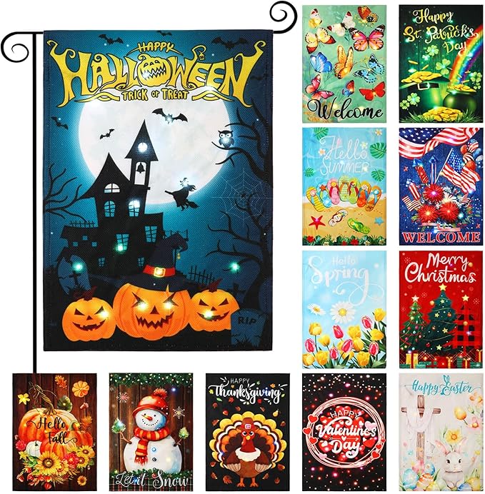12 Pcs Solar Seasonal LED Garden Flags 12 x 18 Inch Double Sided Yard Flags Halloween Christmas Fall Thanksgiving Day Decorations Welcome Garden Holiday Yard Outside Lawn Decoration-BloomoryGarden