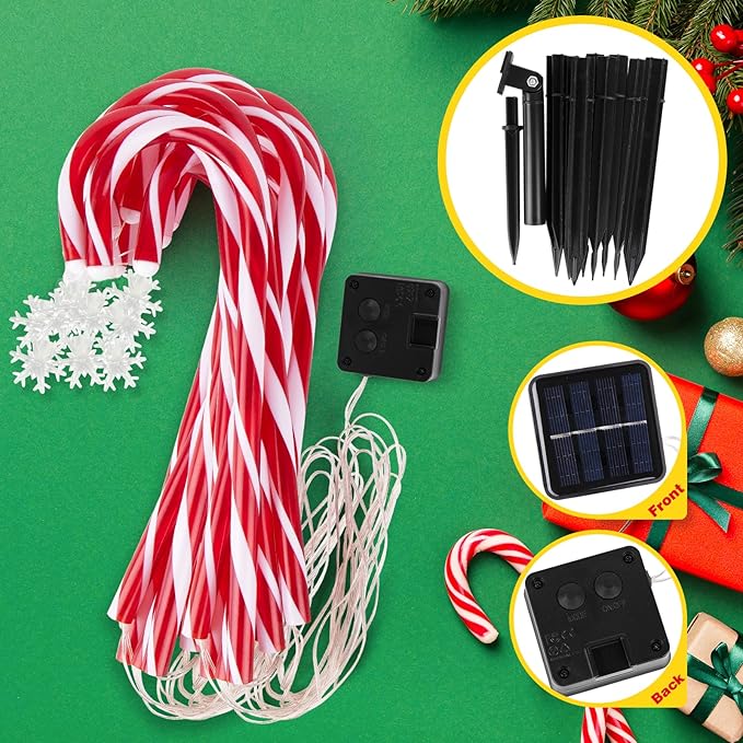 12Pack Christmas Candy Cane Lights Outdoor Decorations Solar Pathway Lights with Snowflake for Yard Waterproof Street Driveway Markers Lawn Walkway Garden Indoor Decor 2in1 Solar Powered-BloomoryGarden