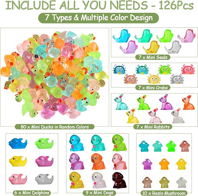 126PCS Mini Resin Ducks Animals Luminous Tiny Duck Animals Bulk Figures to Hide Glow in The Dark for Miniature Fairy Garden Accessories Micro Landscape Aquarium Potted Ornament Outdoor Decor-BloomoryGarden