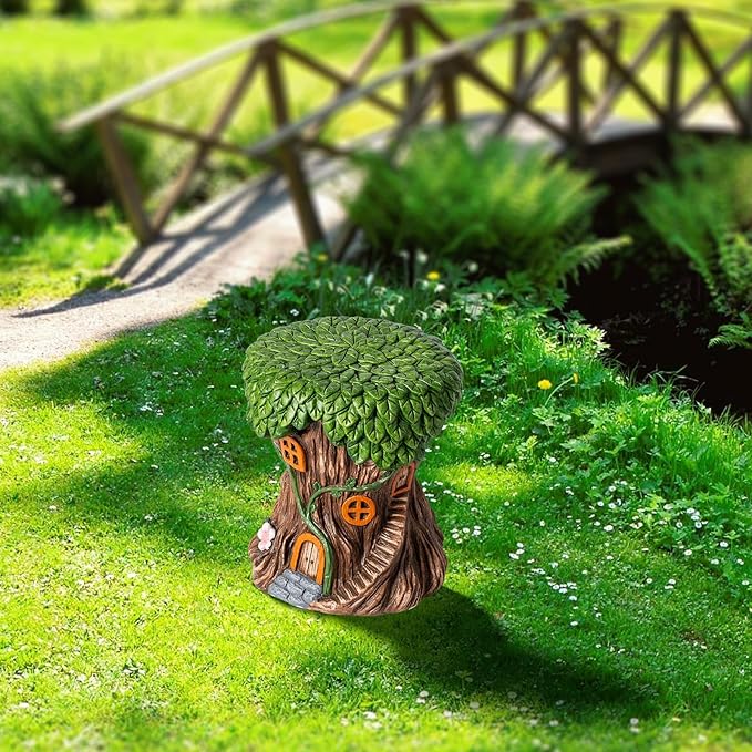 13''H Fairy House Statue Outdoor Statues Garden Resin Stool Over-Sized Sculpture Forest Pedestal Spring Decor for Home Courtyard Lawn Patio Summer Ornament Indoor Stool-BloomoryGarden