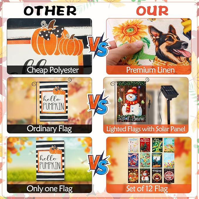 12 Pcs Solar Seasonal LED Garden Flags 12 x 18 Inch Double Sided Yard Flags Halloween Christmas Fall Thanksgiving Day Decorations Welcome Garden Holiday Yard Outside Lawn Decoration-BloomoryGarden