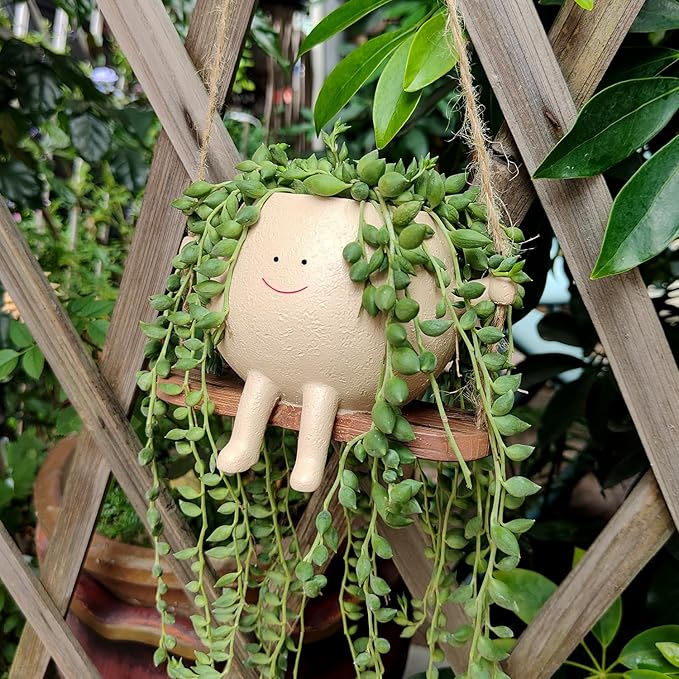 HUNTHAWK Swing Face Planter Pot Hanging Resin Flower Head Planters for Indoor and Outdoor Plants, Succulent Pots for String of Pearls Plant - Ideal Gifts for Mother's Day and Christmas