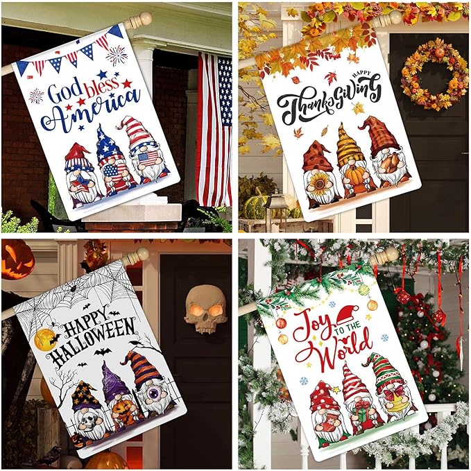 12 Pcs Three Gnomes Seasonal Large Garden Flags Double Sided Seasonal Truck Garden Flags for All Seasons Set of 12 Spring Easter Valentine Halloween Christmas Holiday Yard Decoration, Welcome Outdoor-BloomoryGarden