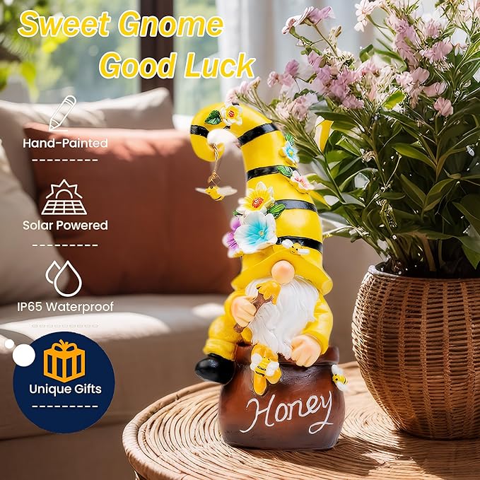 13" Garden Solar Spring Gnomes Statues Outdoor Spring Decor with LED Lighted Bee and Flowers Funny Garden Sculpture for Patio Yard Lawn Decorations Gifts-BloomoryGarden