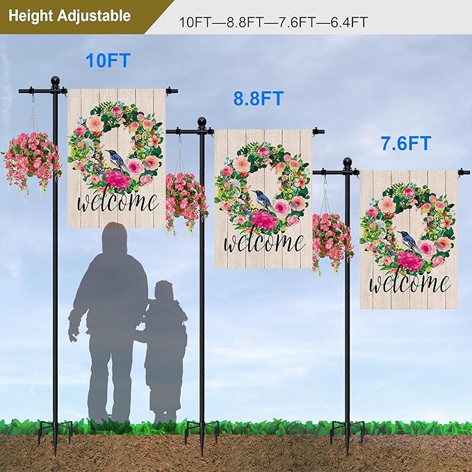 10FT Flag Pole Stand for Garden – Adjustable Outdoor Flagpole with 5-Prong Base, Freestanding Aluminum Banner Holder for 3x5ft & 28"x40" Flags – Wind-Resistant & Lightweight – Black-BloomoryGarden