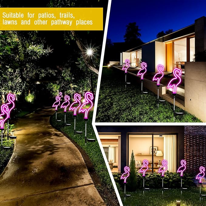 Hortsun Flamingo Solar Lights Outdoor Neon Light Yard Pink Flamingo Waterproof Decorations for Garden Patio Yard Pathway Decoration(4 Pack)