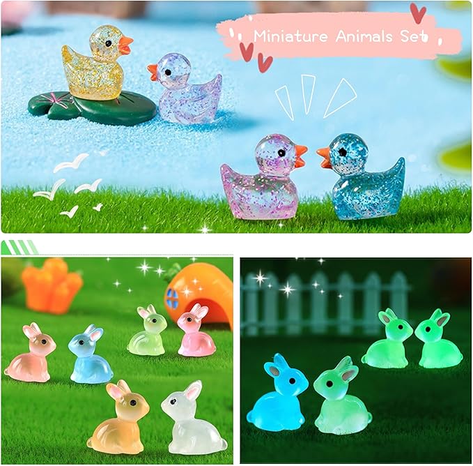 122Pcs Luminous Mini Resin Animal Figurines Glow in The Dark Cute Rabbits Frogs Mushrooms Glitter Ducks 4 Combination Miniature Figurines Set for Office Garden Decoration Aquarium Home Party Decor-BloomoryGarden